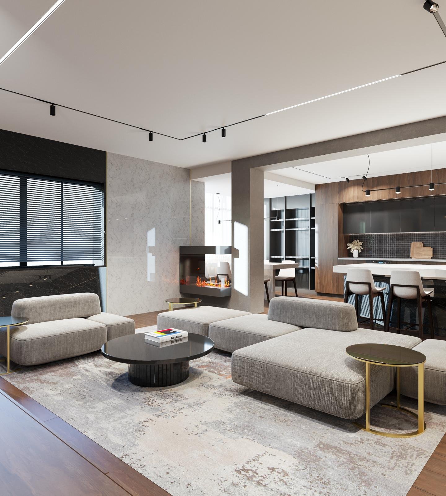 Randare de concept pentru living și bucătărie